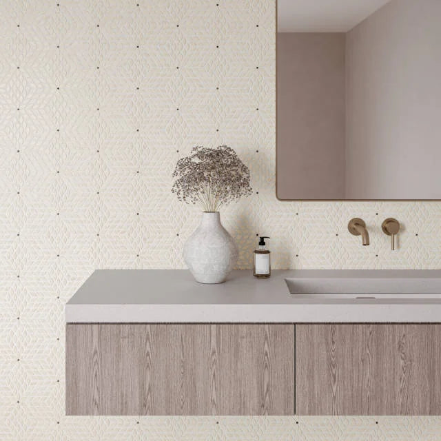 Celeste Myra Beige with Basalt Dot 16.25x14.25 Honed Marble Mosaic