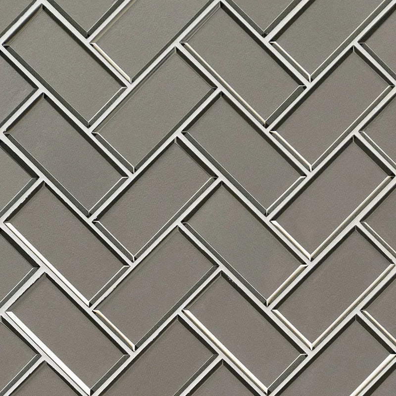 Champagne Bevel Herringbone Pattern Glossy Glass Mosaic Tile