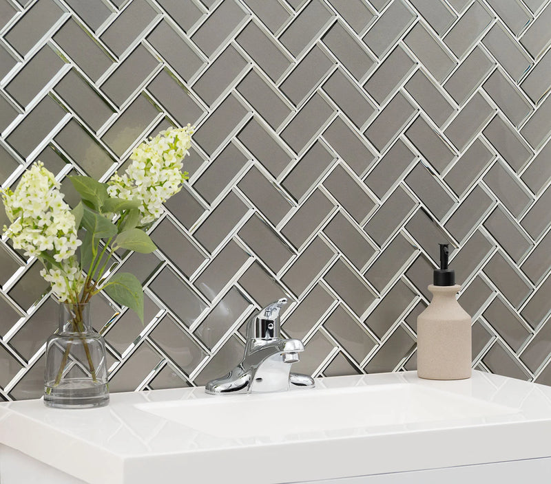 Champagne Bevel Herringbone Pattern Glossy Glass Mosaic Tile