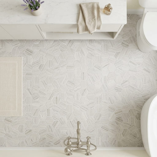 Chenille White 2x2 Hexagon Honed Limestone Mosaic — Bathroom floor