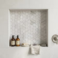 Chenille White 2x2 Hexagon Honed Limestone Mosaic — Bathroom niche