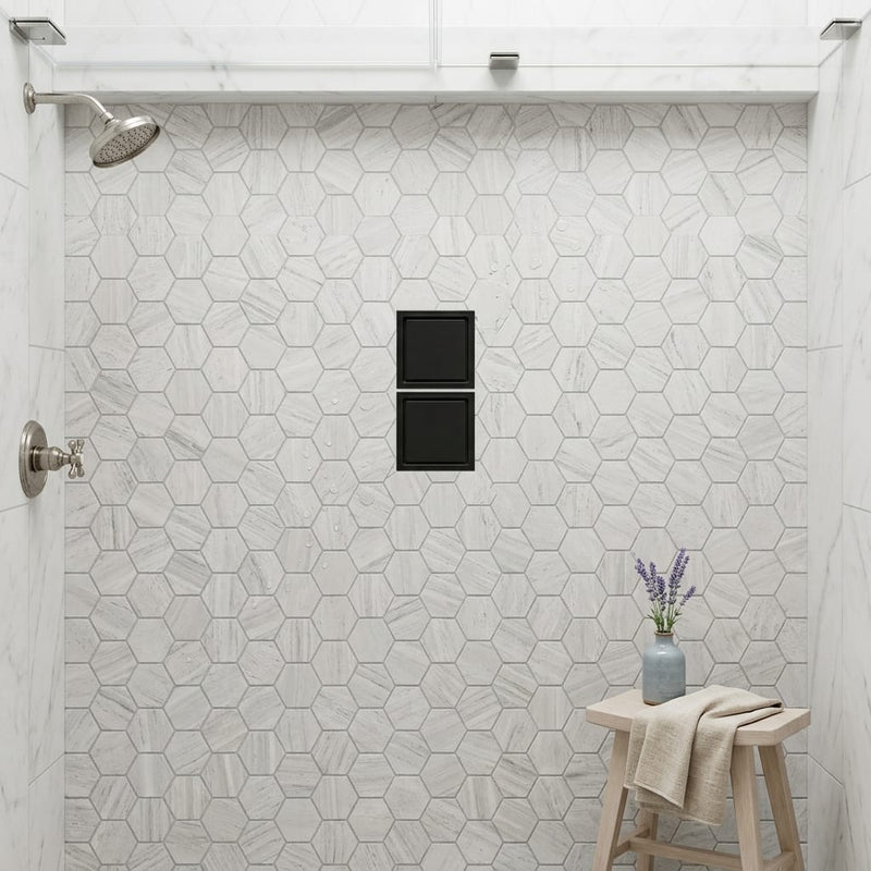 Chenille White 2x2 Hexagon Honed Limestone Mosaic — Bathroom shower floor