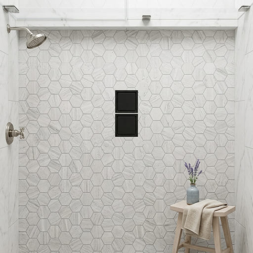 Chenille White 2x2 Hexagon Honed Limestone Mosaic — Bathroom shower floor