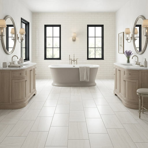 Solidshape Chenille Limestone Tile in White - 12x24 Honed Finish — Bathroom floor