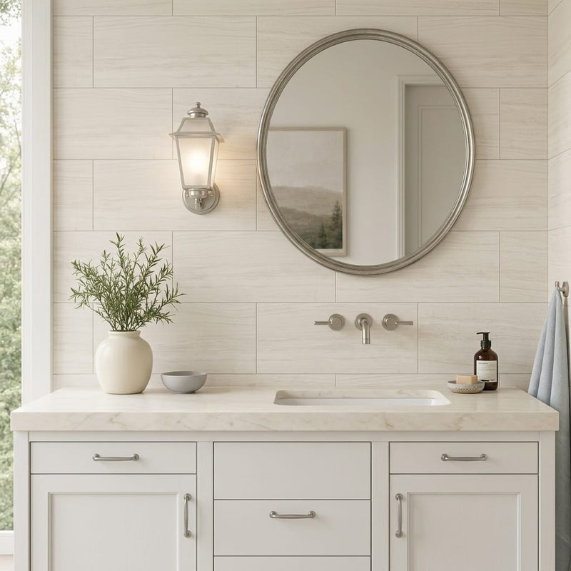 Solidshape Chenille Limestone Tile in White - 12x24 Honed Finish — Bathroom vanity wall