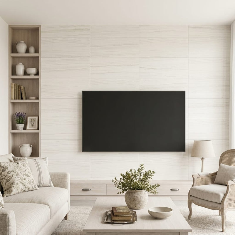Solidshape Chenille Limestone Tile in White - 12x24 Honed Finish — Living Room feature wall
