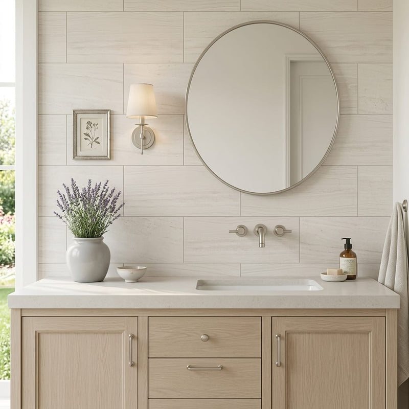 Chenille White Limestone Tile 12x24 - Solidshape — Bathroom vanity wall
