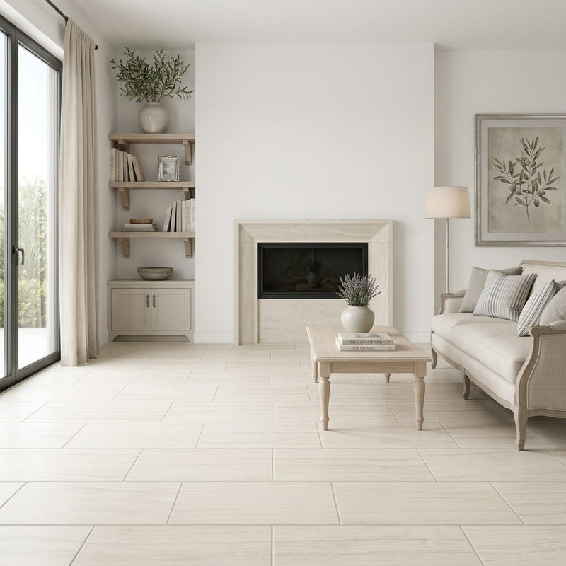 Chenille White Limestone Tile 12x24 - Solidshape — Living Room floor