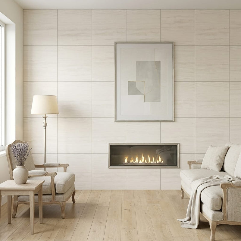 Chenille White Limestone Tile 24x24 Honed — Living Room feature wall