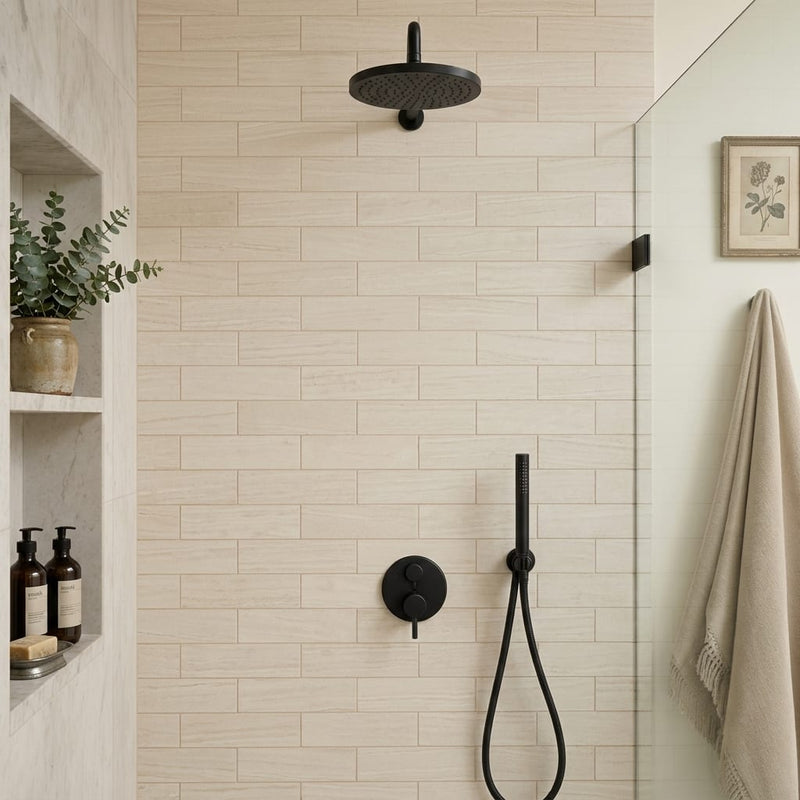 Chenille White Limestone Tile 3x8 Honed 3/8 inch — Bathroom shower wall