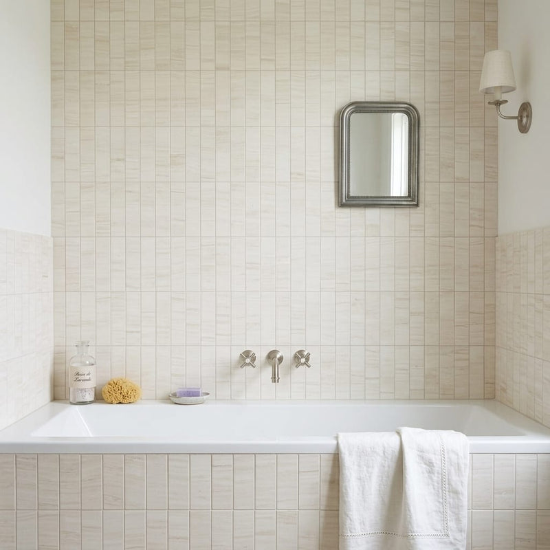 Chenille White Limestone Tile 3x8 Honed 3/8 inch — Bathroom tub surround
