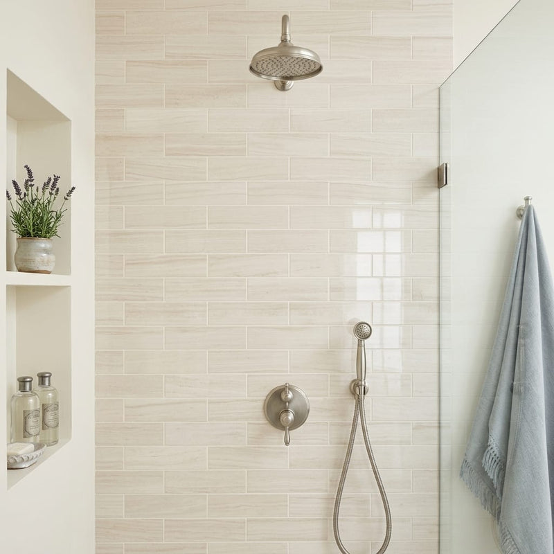 Chenille White Limestone Tile 3x8 Polished 3/8 inch — Bathroom shower wall