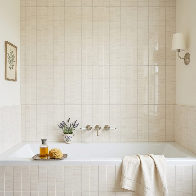 Chenille White Limestone Tile 3x8 Polished 3/8 inch — Bathroom tub surround