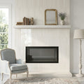 Chenille White Limestone Tile 3x8 Polished 3/8 inch — Living Room fireplace surround