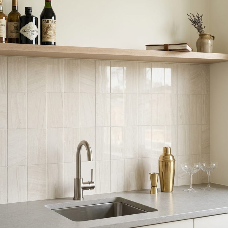Chenille White Limestone Tile 3x8 Polished 3/8 inch — Wet Bar backsplash