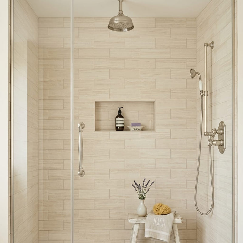 Chenille White Limestone Tile 4x12 Honed 3/8 inch — Bathroom shower wall