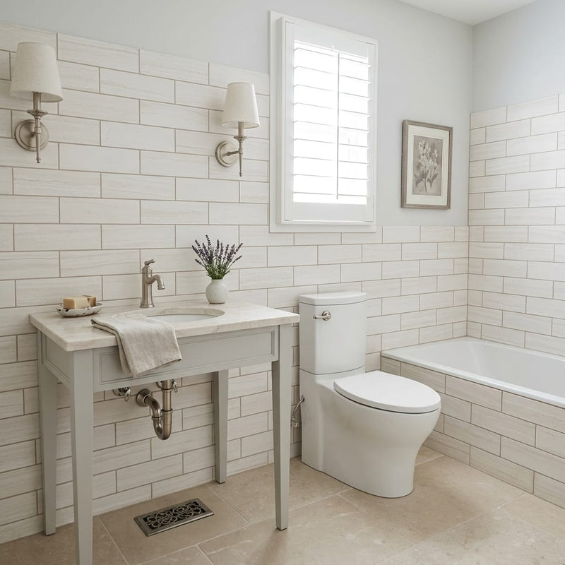 Chenille White Limestone Tile 4x12 Honed 3/8 inch — Bathroom wall