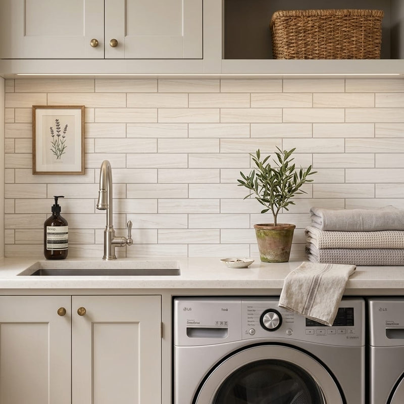 Chenille White Limestone Tile 4x12 Honed 3/8 inch — Laundry Room backsplash