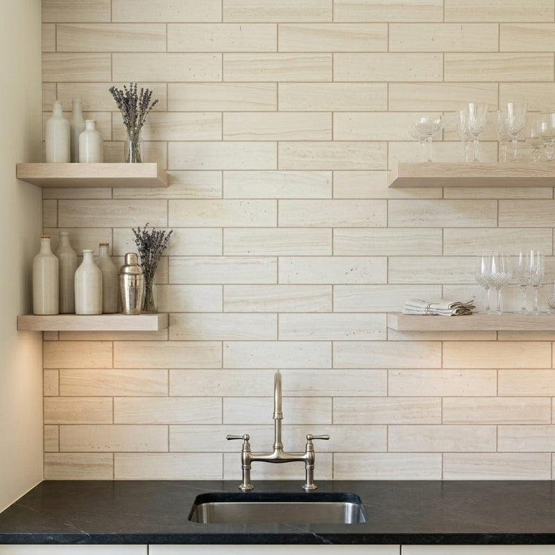 Chenille White Limestone Tile 4x12 Honed 3/8 inch — Wet Bar backsplash