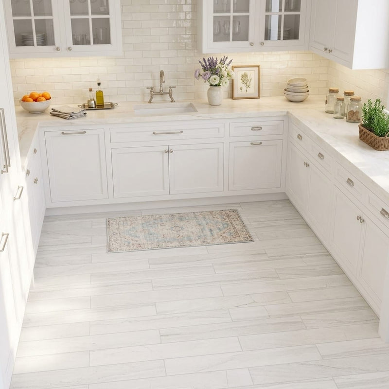 Chenille White Limestone Tile 6x36 Honed 3/8 inch — Kitchen floor