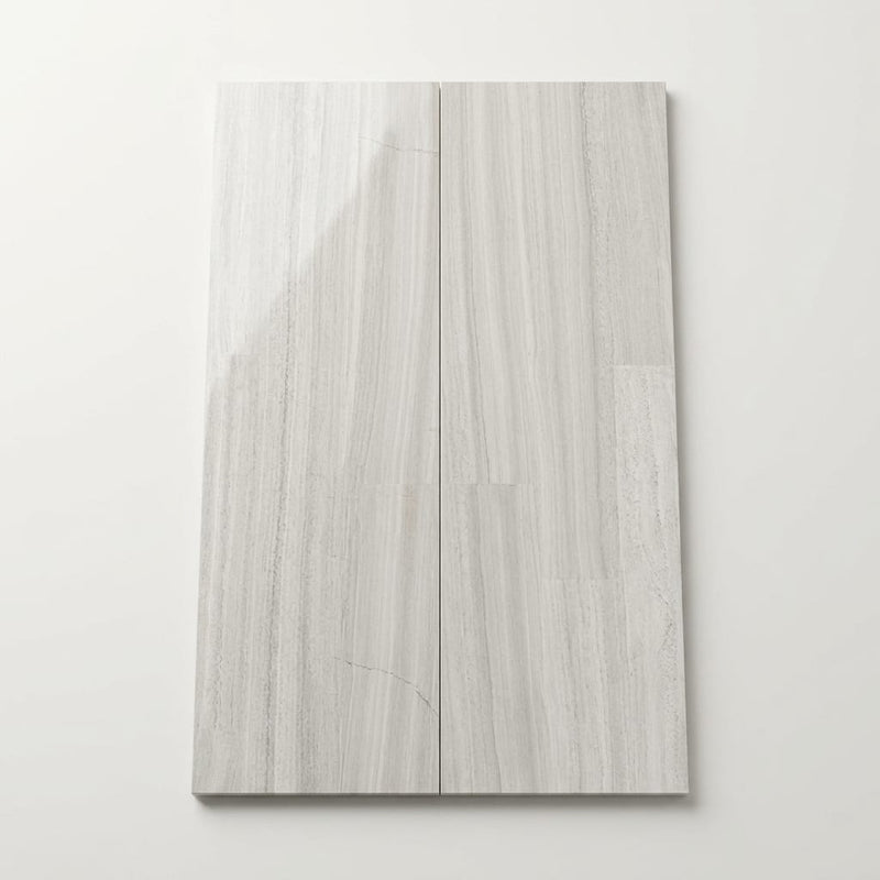 Chenille White Limestone Tile 6x36 Polished 3/8 inch close-up
