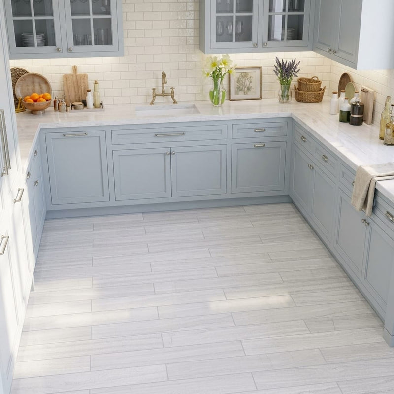 Chenille White Limestone Tile 6x36 Polished 3/8 inch — Kitchen floor