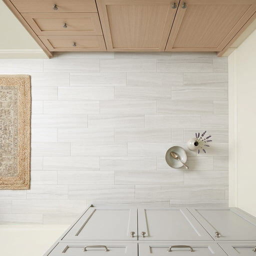 Chenille White Limestone Tile 8x36 Honed 3/8 inch — Kitchen floor