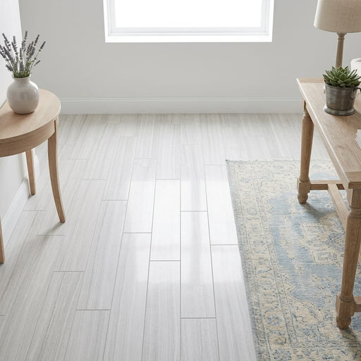 Chenille White Limestone Tile 8x36 Polished 3/8 inch — Family Room floor