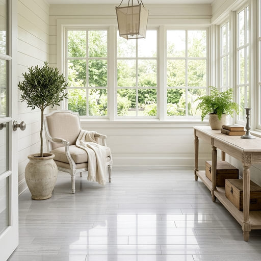 Chenille White Limestone Tile 8x36 Polished 3/8 inch — Sunroom floor