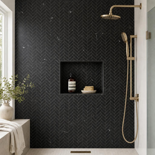 Chevron Herringbone Marquina 1x4 Polished Marble Mosaic — Bathroom shower wall