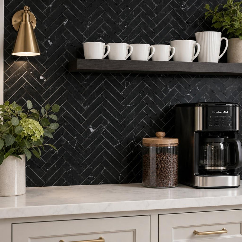 Chevron Herringbone Marquina 1x4 Polished Marble Mosaic — Kitchen backsplash