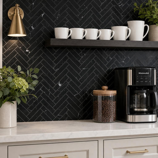 Chevron Herringbone Marquina 1x4 Polished Marble Mosaic — Kitchen backsplash