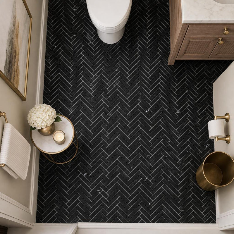 Chevron Herringbone Marquina 1x4 Polished Marble Mosaic — Powder Room floor