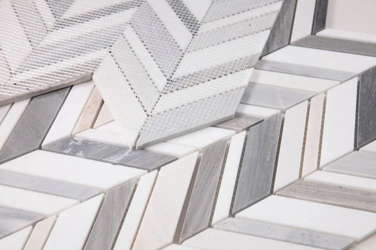 Chevron & Herringbone Shadow Blue 11.75x12 Marble Mosaic