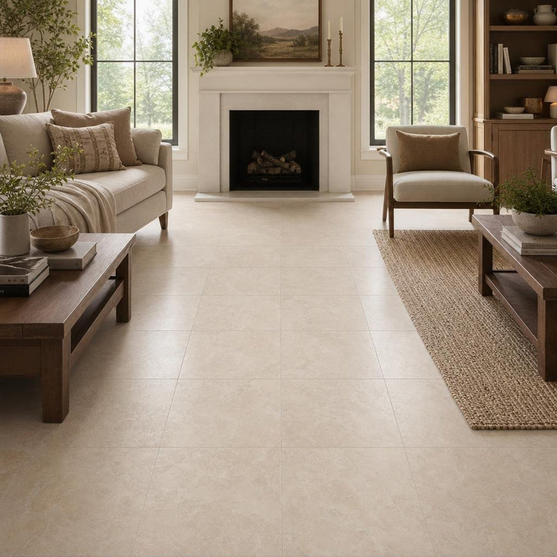 Chiseled Travertine Classico 18x18 Honed Filled Tile — Family Room floor