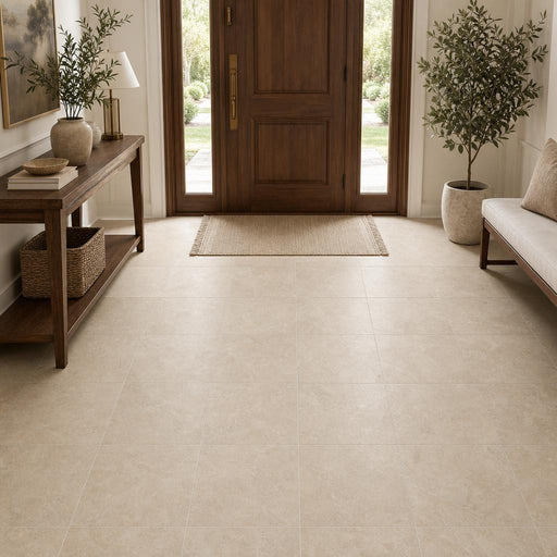 Chiseled Travertine Classico 18x18 Honed Filled Tile — Foyer floor