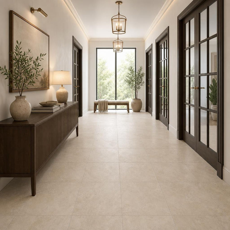 Chiseled Travertine Classico 18x18 Honed Filled Tile — Hallway floor