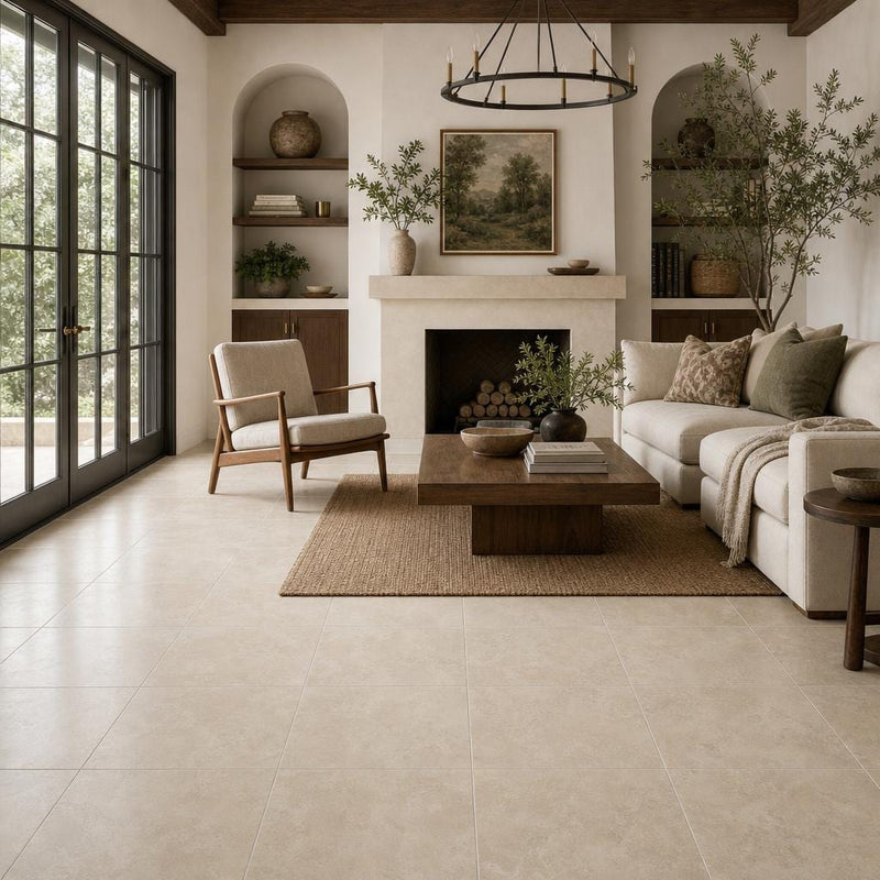 Chiseled Travertine Classico 18x18 Honed Filled Tile — Living Room floor