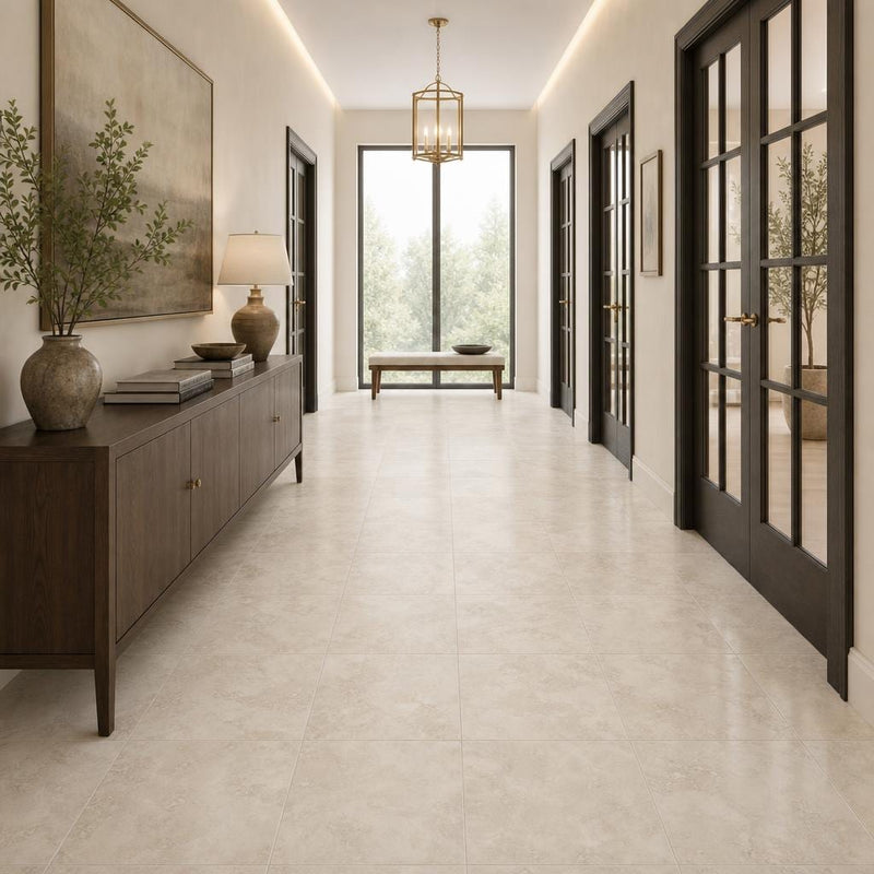Chiseled Travertine Ivory 18x18 Honed Filled Tile — Hallway floor
