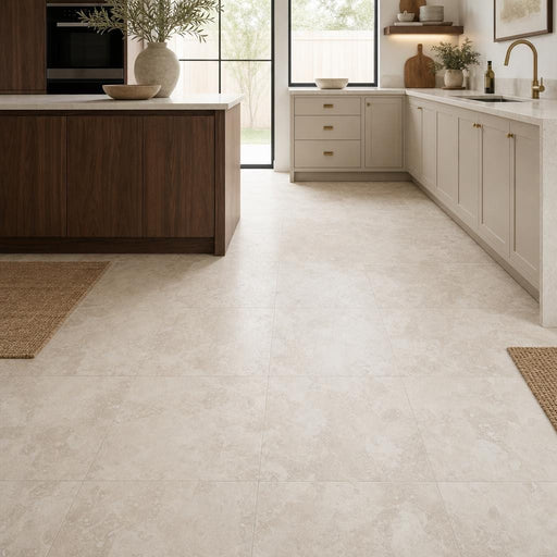Chiseled Travertine Ivory 18x18 Honed Filled Tile — Kitchen floor