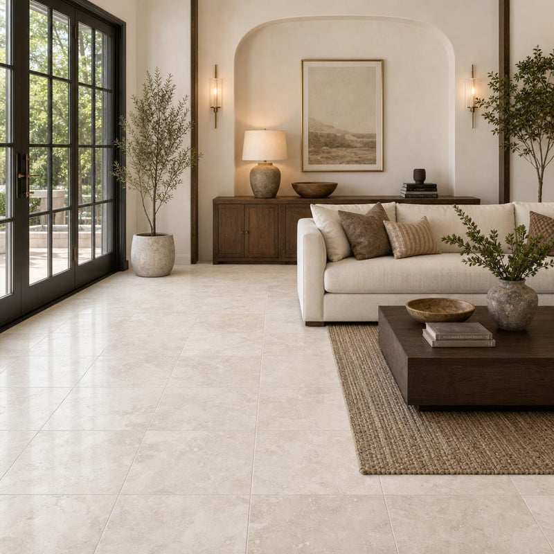 Chiseled Travertine Ivory 18x18 Honed Filled Tile — Living Room floor