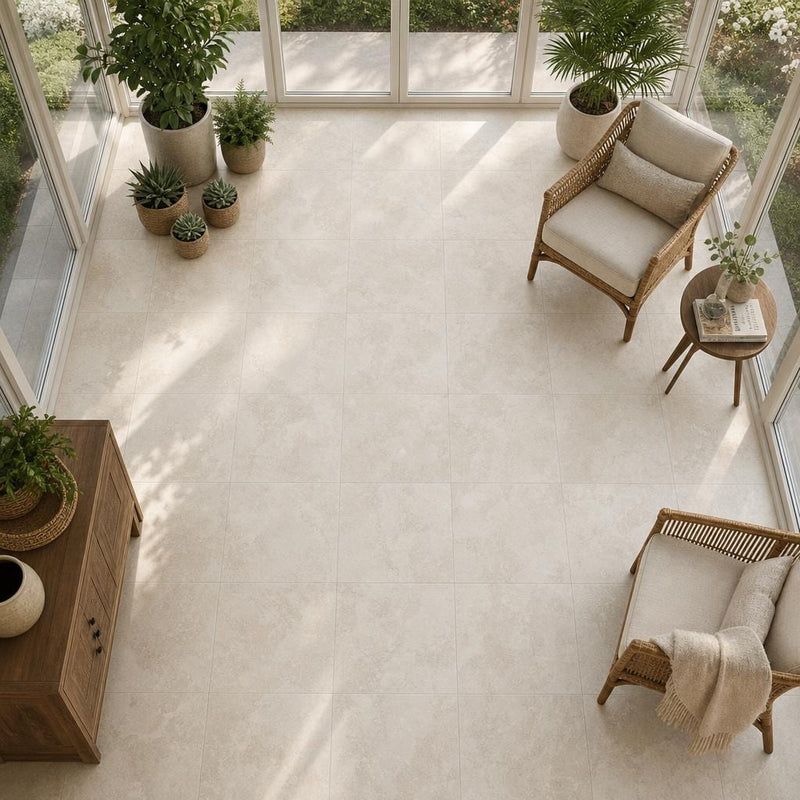 Chiseled Travertine Ivory 18x18 Honed Filled Tile — Sunroom floor