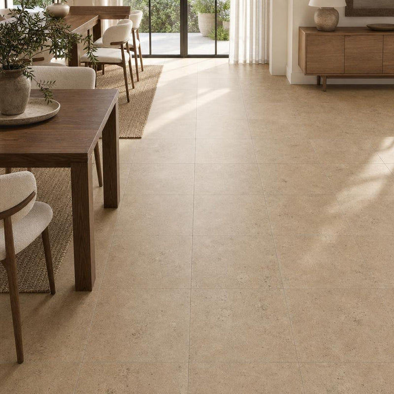 Chiseled Travertine Noce 18x18 Honed Filled Tile — Dining Room floor