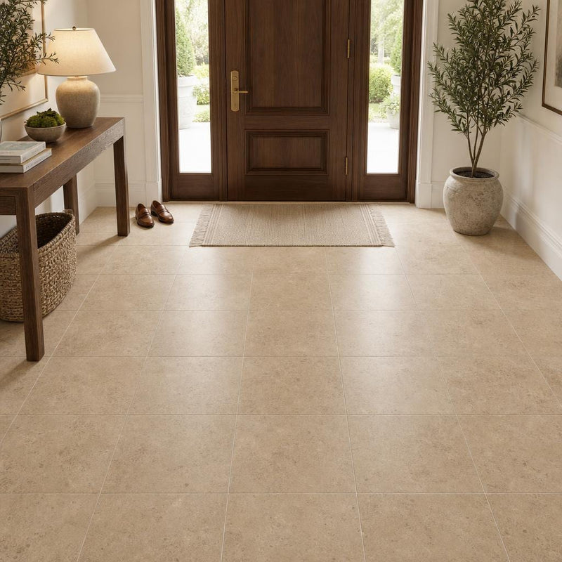 Chiseled Travertine Noce 18x18 Honed Filled Tile — Foyer floor