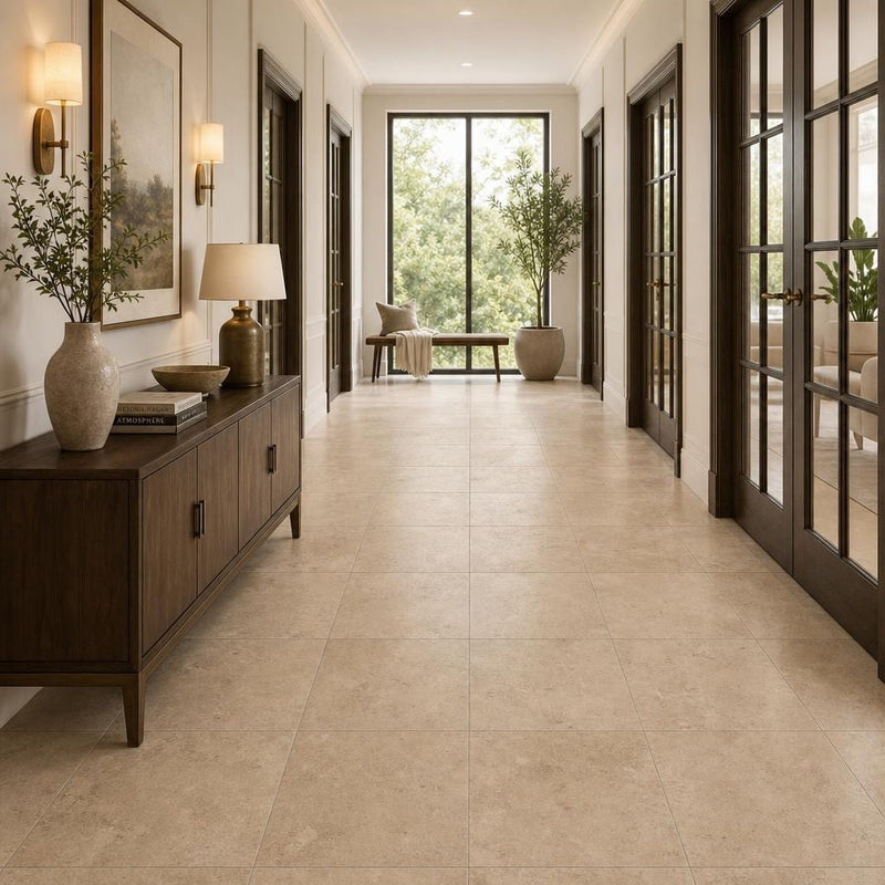 Chiseled Travertine Noce 18x18 Honed Filled Tile — Hallway floor