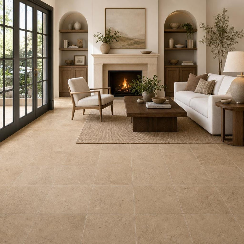 Chiseled Travertine Noce 18x18 Honed Filled Tile — Living Room floor