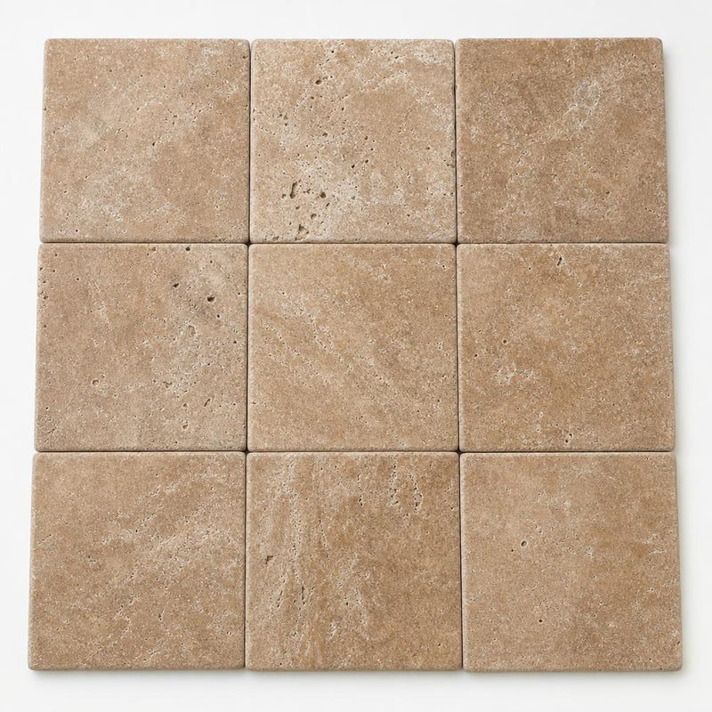 Chocolate Brown Walnut Travertine Tumbled 12 x 12 x 1.25 Bullnose Coping 12x12 close-up