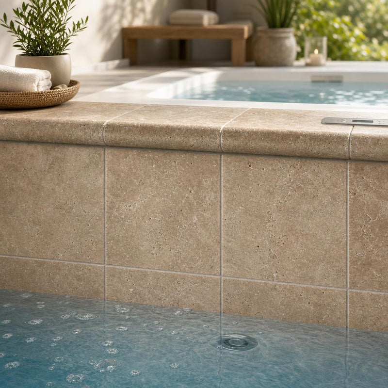 Chocolate Brown Walnut Travertine Tumbled 12 x 12 x 1.25 Bullnose Coping 12x12 pool coping — Spa spa overhang edge