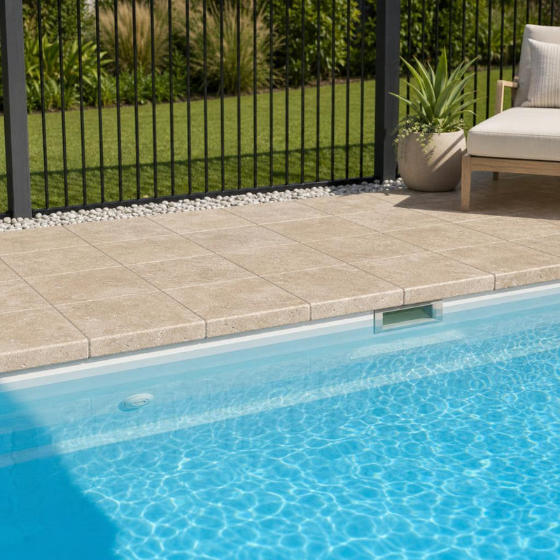 Chocolate Brown Walnut Travertine Tumbled 12 x 12 x 1.25 Bullnose Coping 12x12 pool coping — Swimming Pool pool edge drop-face coping