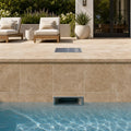 Chocolate Brown Walnut Travertine Tumbled 12 x 12 x 1.25 Bullnose Coping 12x12 pool coping — Swimming Pool remodel pool edge